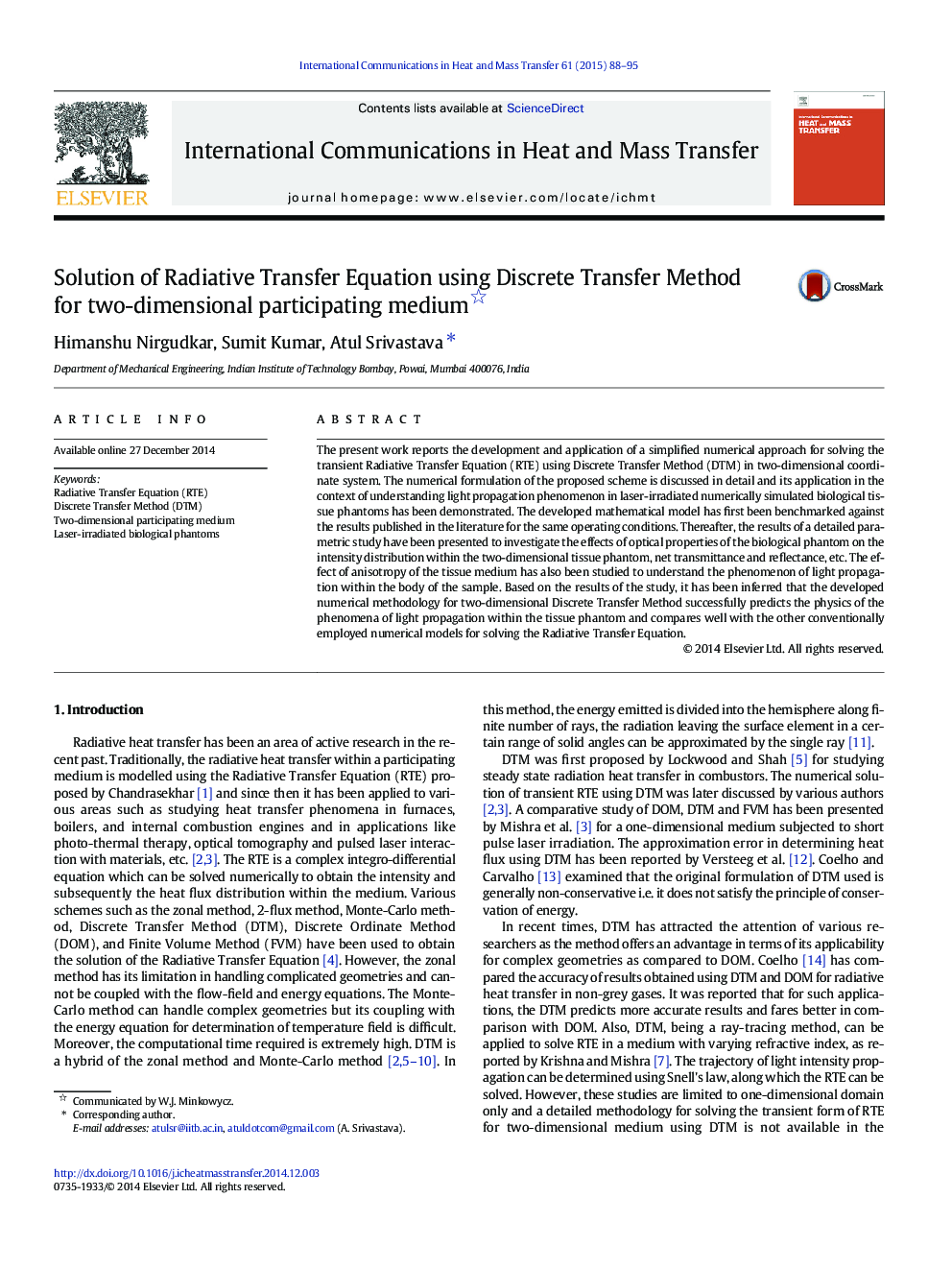 Solution of Radiative Transfer Equation using Discrete Transfer Method for two-dimensional participating medium 