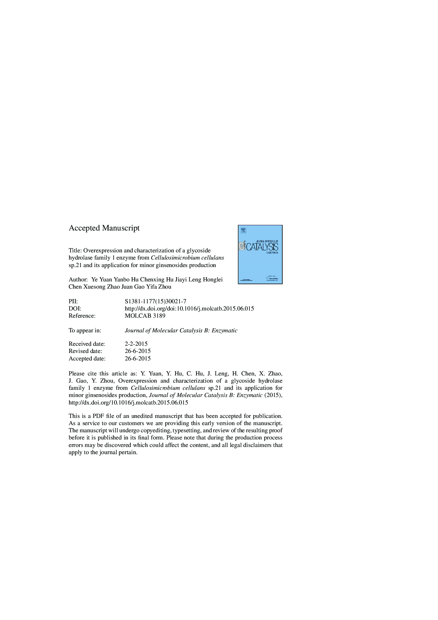 Overexpression and characterization of a glycoside hydrolase family 1 enzyme from Cellulosimicrobium cellulans sp. 21 and its application for minor ginsenosides production