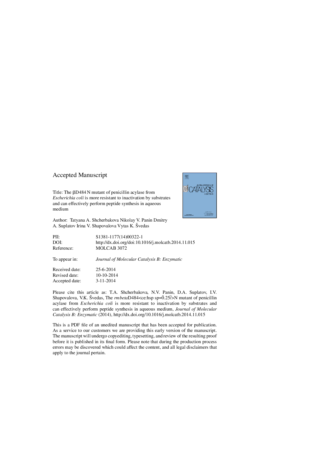 The Î²D484N mutant of penicillin acylase from Escherichia coli is more resistant to inactivation by substrates and can effectively perform peptide synthesis in aqueous medium