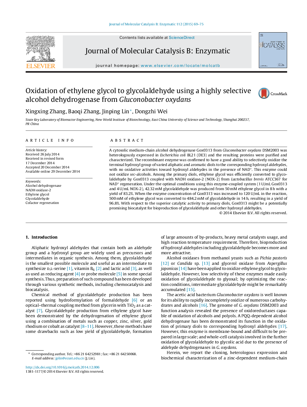 Oxidation of ethylene glycol to glycolaldehyde using a highly selective alcohol dehydrogenase from Gluconobacter oxydans