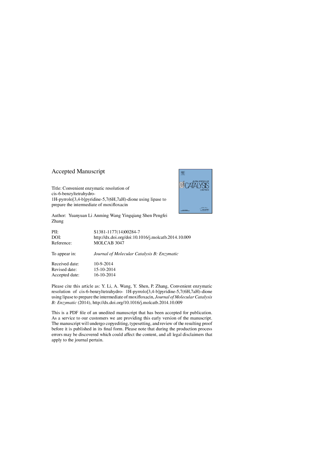 Convenient enzymatic resolution of cis-6-benzyltetrahydro-1H-pyrrolo[3,4-b]pyridine-5,7(6H,7aH)-dione using lipase to prepare the intermediate of moxifloxacin