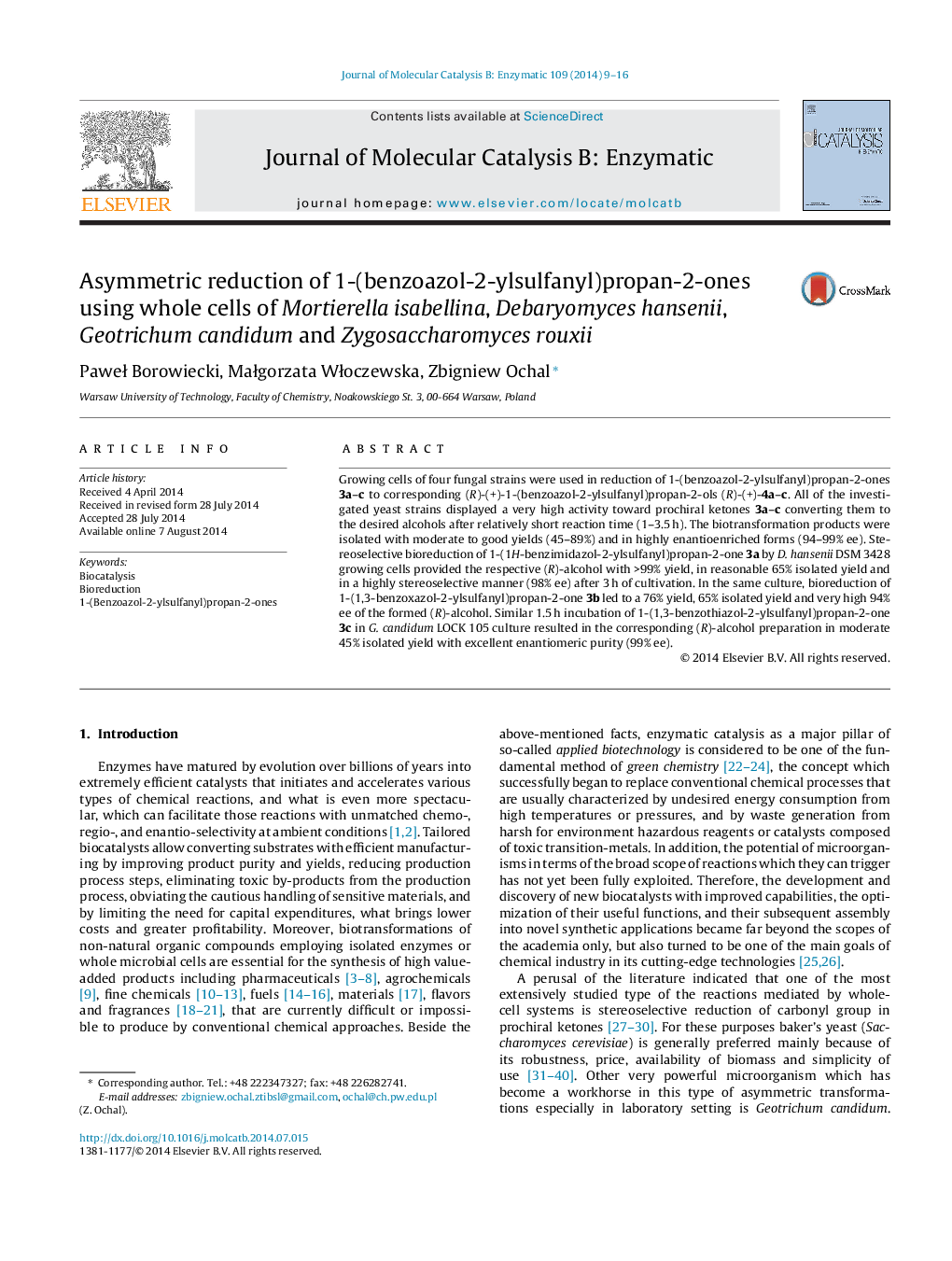 Asymmetric reduction of 1-(benzoazol-2-ylsulfanyl)propan-2-ones using whole cells of Mortierella isabellina, Debaryomyces hansenii, Geotrichum candidum and Zygosaccharomyces rouxii