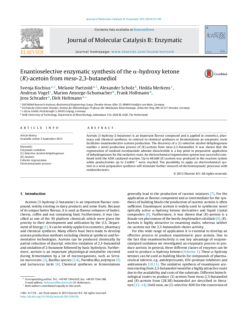 Enantioselective enzymatic synthesis of the Î±-hydroxy ketone (R)-acetoin from meso-2,3-butanediol