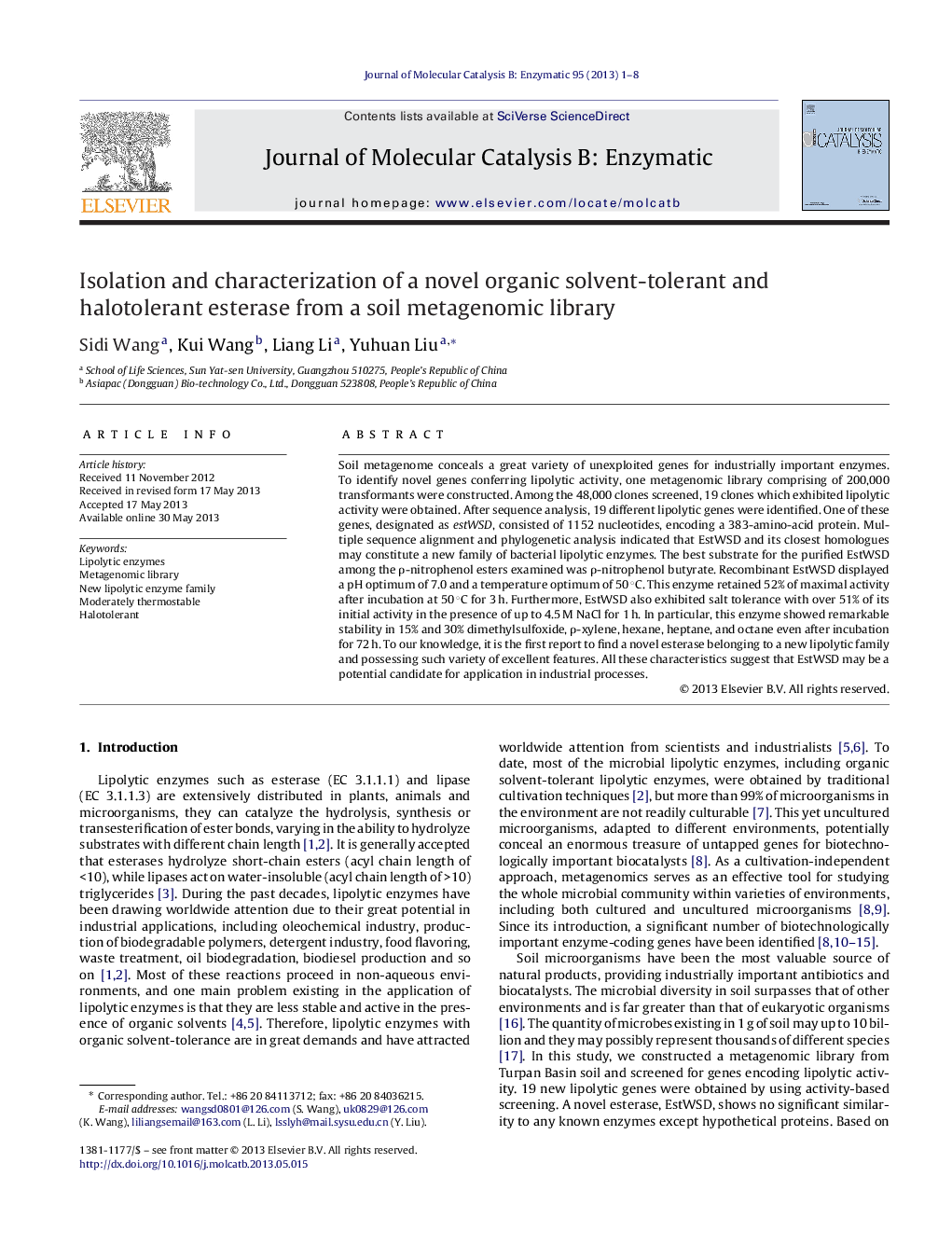 Isolation and characterization of a novel organic solvent-tolerant and halotolerant esterase from a soil metagenomic library