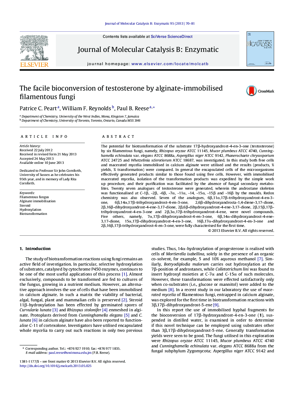 The facile bioconversion of testosterone by alginate-immobilised filamentous fungi