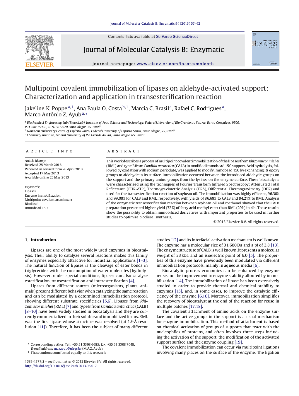 Multipoint covalent immobilization of lipases on aldehyde-activated support: Characterization and application in transesterification reaction