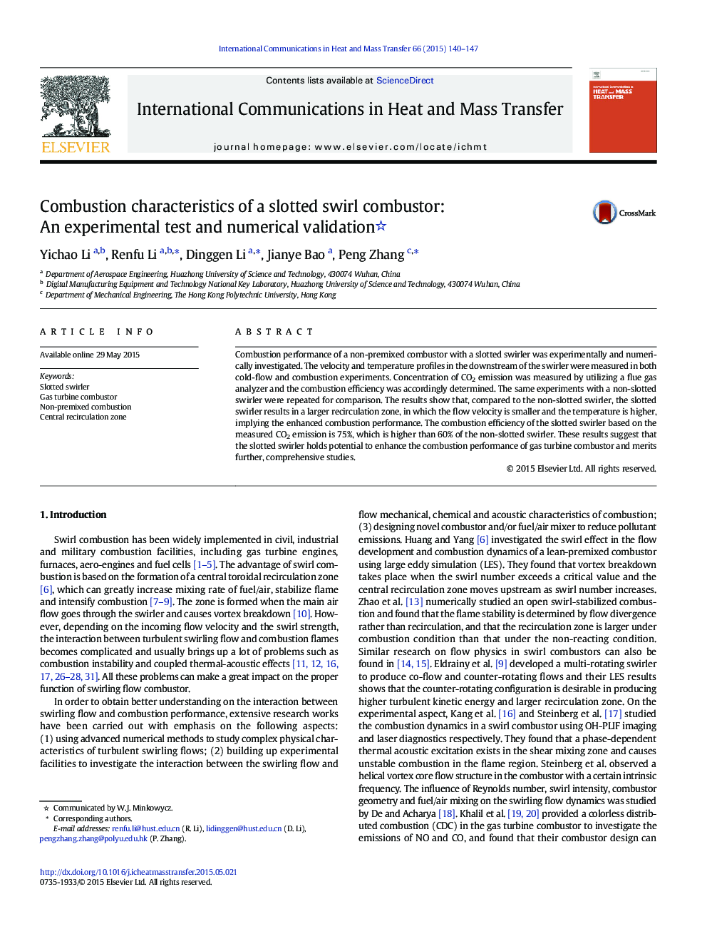 Combustion characteristics of a slotted swirl combustor: An experimental test and numerical validation 