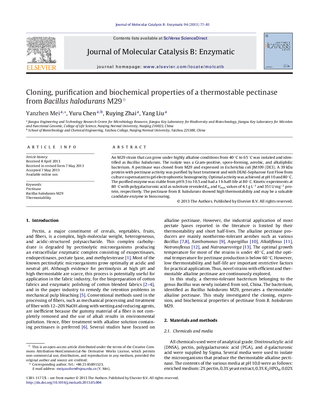 Cloning, purification and biochemical properties of a thermostable pectinase from Bacillus halodurans M29