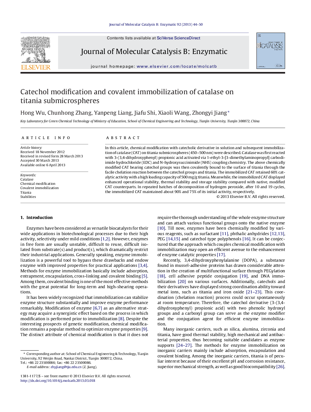 Catechol modification and covalent immobilization of catalase on titania submicrospheres