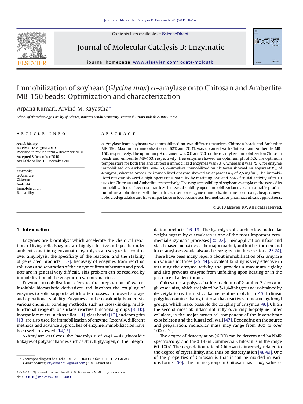 Immobilization of soybean (Glycine max) Î±-amylase onto Chitosan and Amberlite MB-150 beads: Optimization and characterization