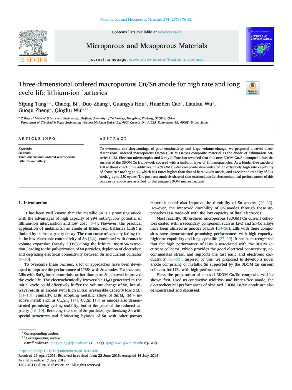 Three-dimensional ordered macroporous Cu/Sn anode for high rate and long cycle life lithium-ion batteries