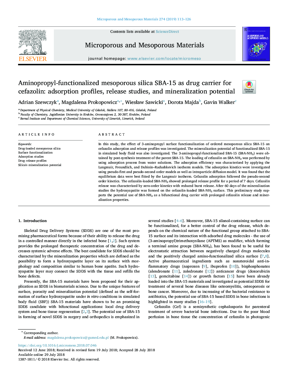 Aminopropyl-functionalized mesoporous silica SBA-15 as drug carrier for cefazolin: adsorption profiles, release studies, and mineralization potential