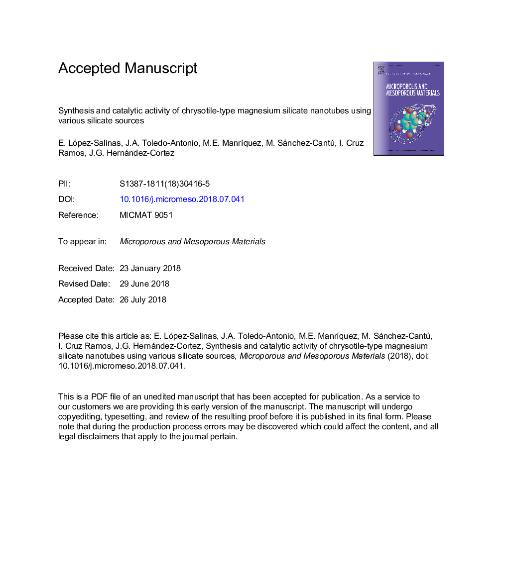 سنتز و فعالیت کاتالیزوری نانولوله های سیلیکات منیزیم کریستوتیل با استفاده از منابع سیلیکاتی مختلف