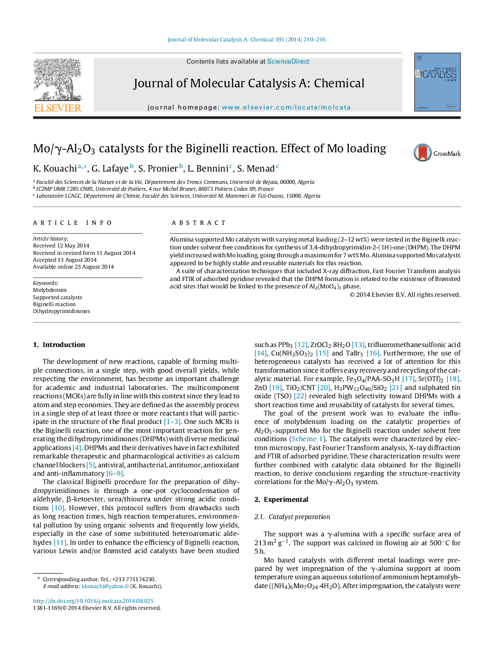 Mo/γ-Al2O3 catalysts for the Biginelli reaction. Effect of Mo loading