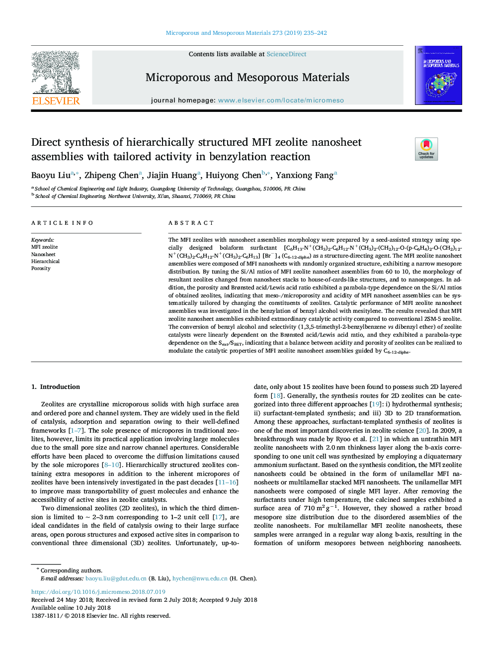 Direct synthesis of hierarchically structured MFI zeolite nanosheet assemblies with tailored activity in benzylation reaction