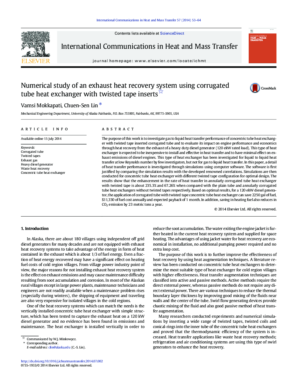 Numerical study of an exhaust heat recovery system using corrugated tube heat exchanger with twisted tape inserts 