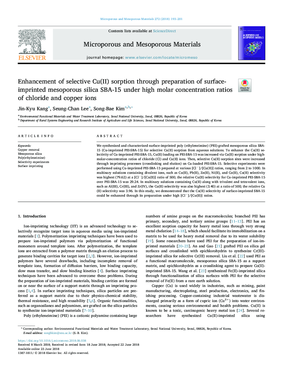 Enhancement of selective Cu(II) sorption through preparation of surface-imprinted mesoporous silica SBA-15 under high molar concentration ratios of chloride and copper ions