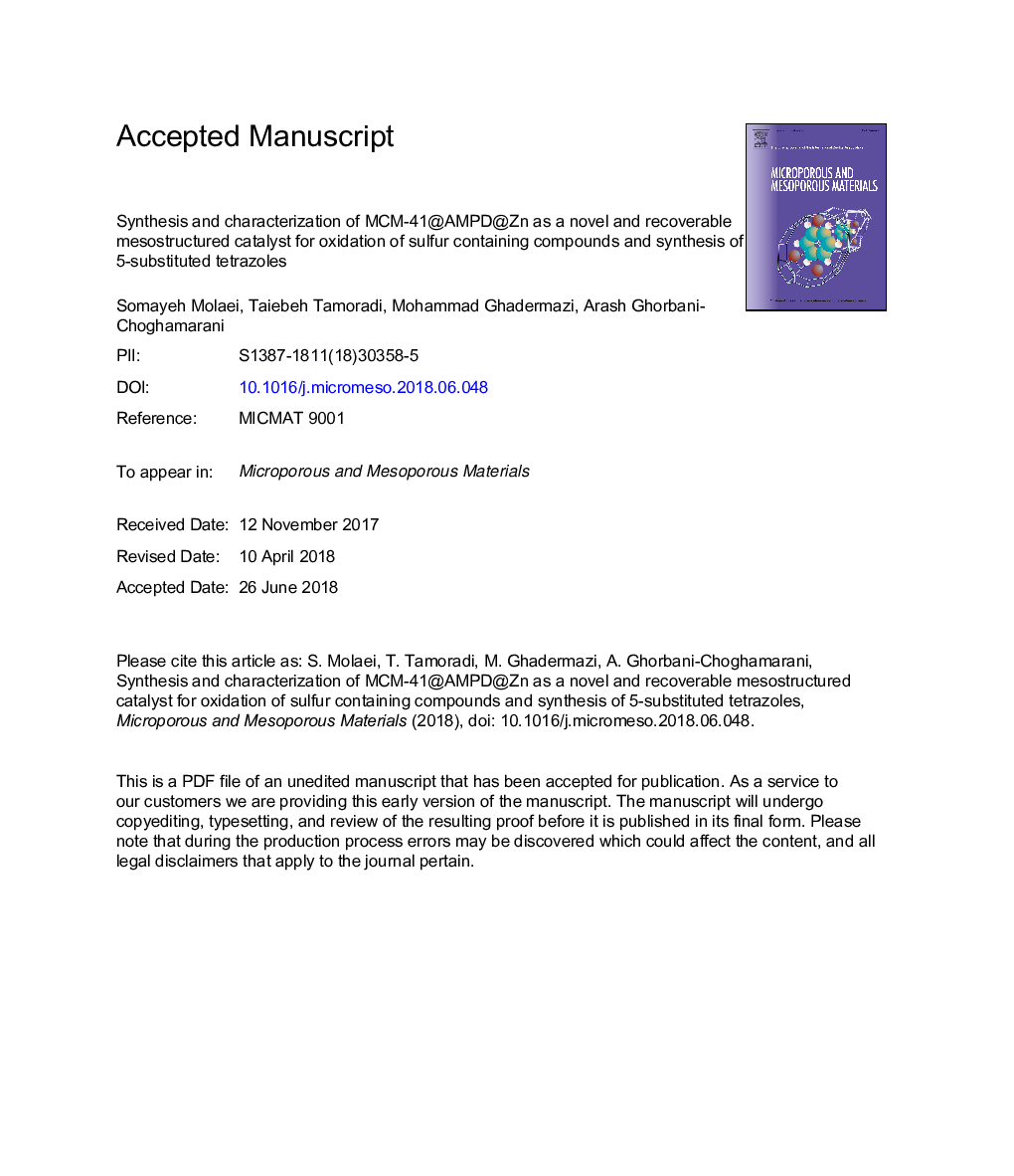 Synthesis and characterization of MCM-41@AMPD@Zn as a novel and recoverable mesostructured catalyst for oxidation of sulfur containing compounds and synthesis of 5-substituted tetrazoles