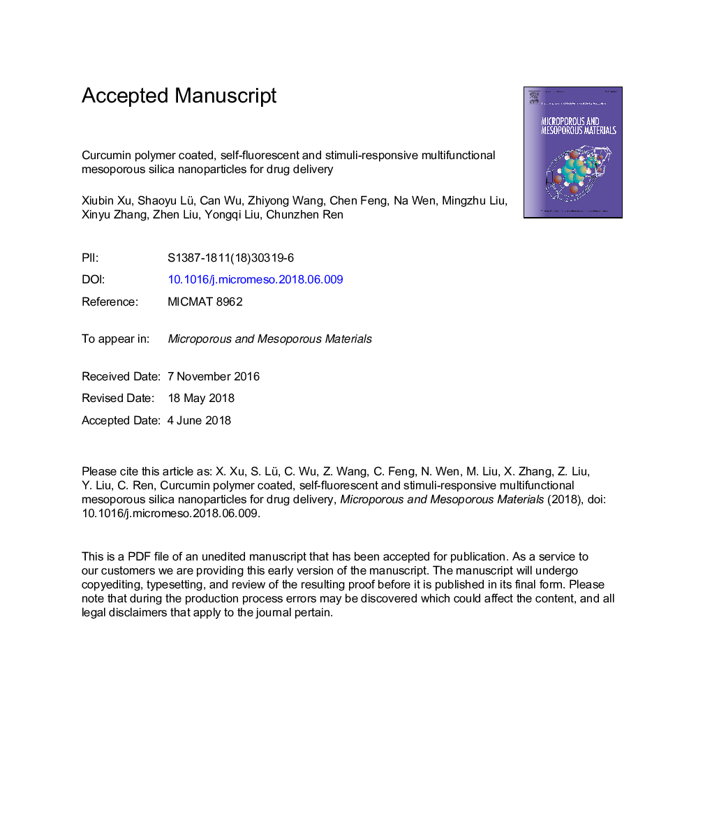 نانوذرات سیلیکای مزوپور چند منظوره با پلی کربوکاتین پوشش داده شده، خود فلورسنت و تحریک کننده پاسخگو برای تحویل دارو 