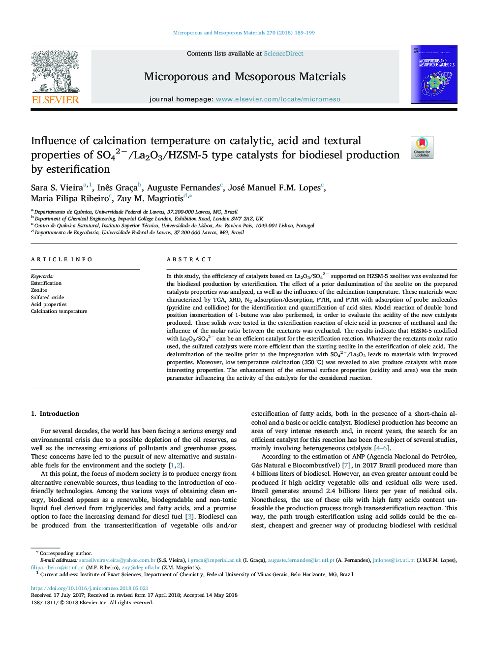 Influence of calcination temperature on catalytic, acid and textural properties of SO42â/La2O3/HZSM-5 type catalysts for biodiesel production by esterification