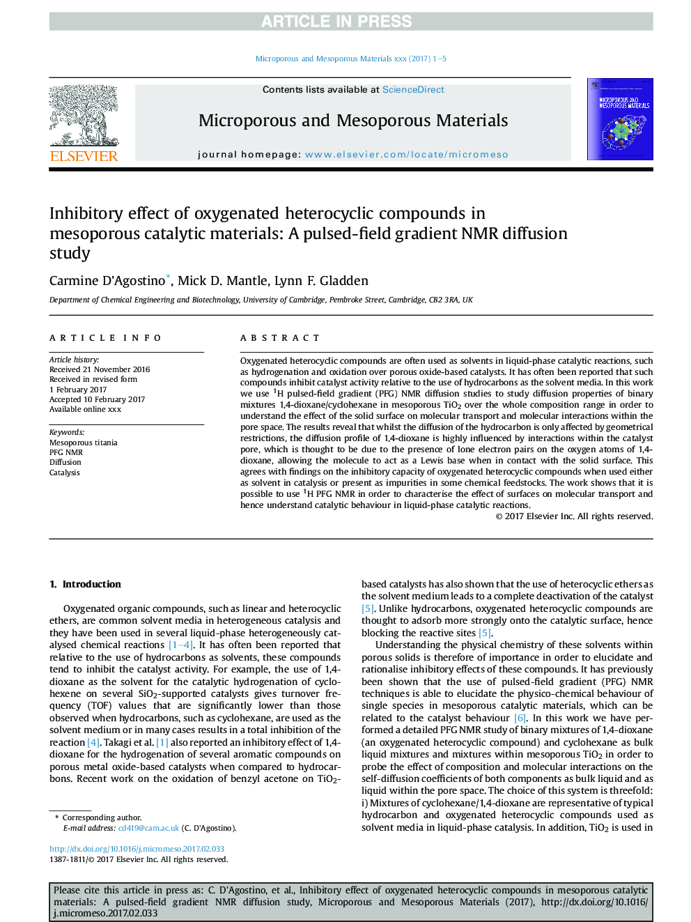 Inhibitory effect of oxygenated heterocyclic compounds in mesoporous catalytic materials: A pulsed-field gradient NMR diffusion study