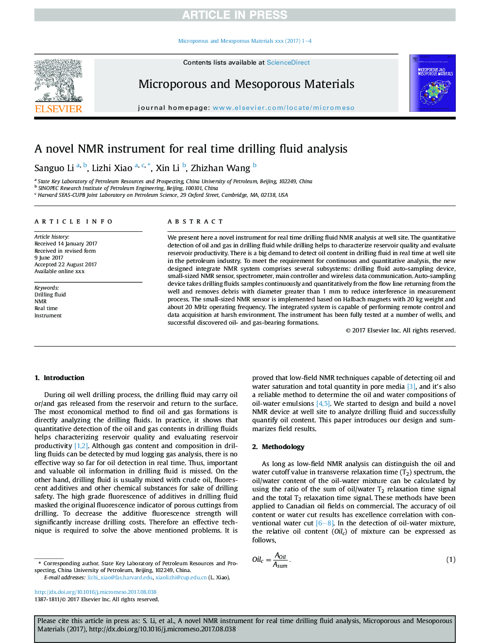 A novel NMR instrument for real time drilling fluid analysis