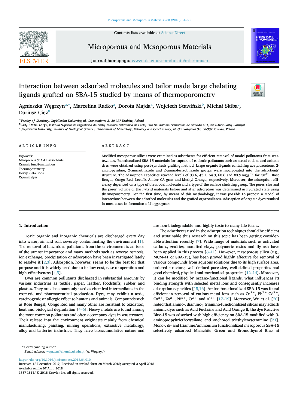 Interaction between adsorbed molecules and tailor made large chelating ligands grafted on SBA-15 studied by means of thermoporometry