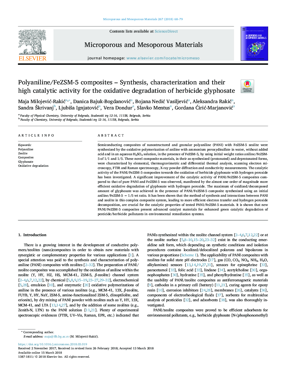 Polyaniline/FeZSM-5 composites - Synthesis, characterization and their high catalytic activity for the oxidative degradation of herbicide glyphosate