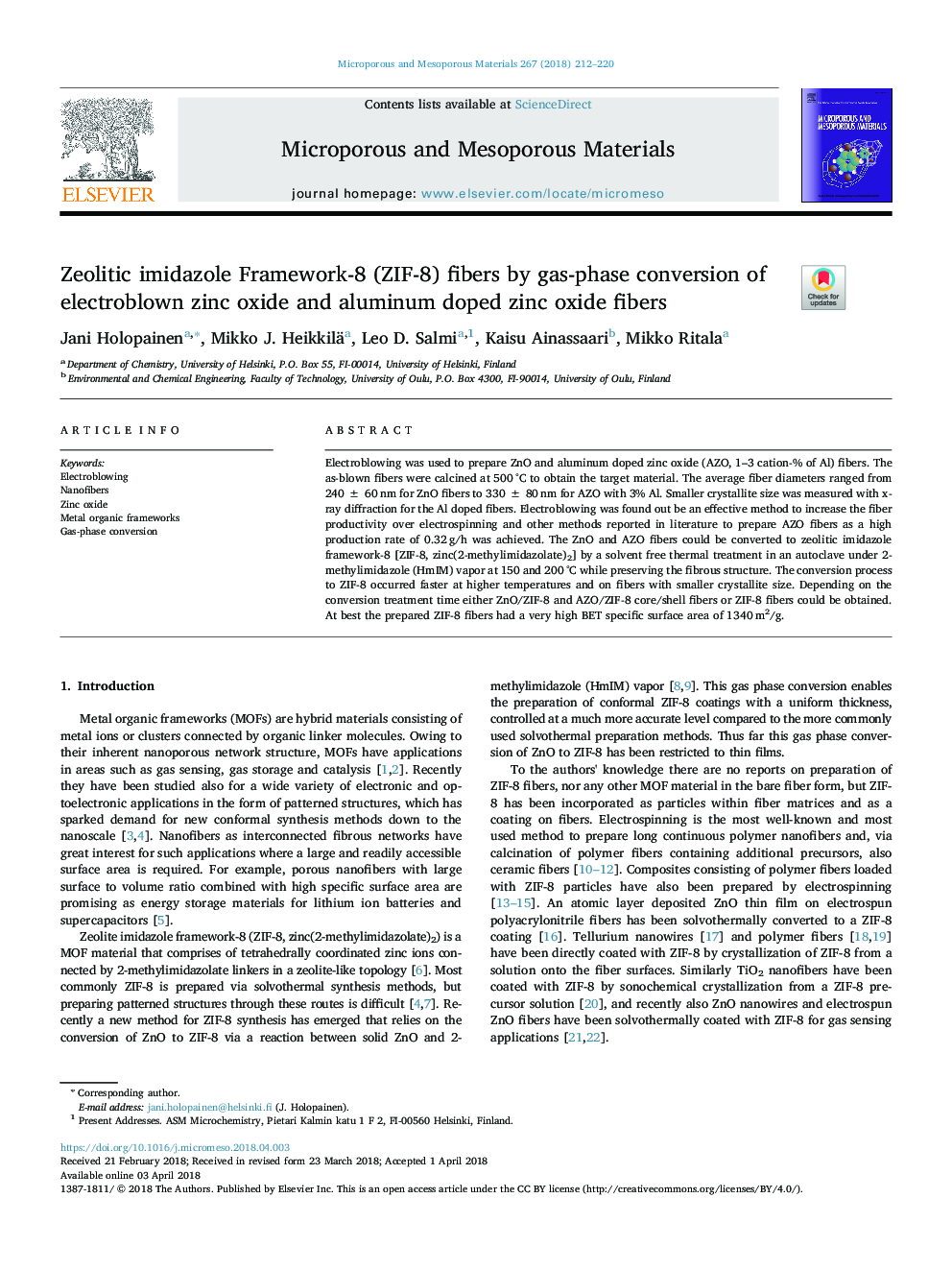 Zeolitic imidazole Framework-8 (ZIF-8) fibers by gas-phase conversion of electroblown zinc oxide and aluminum doped zinc oxide fibers