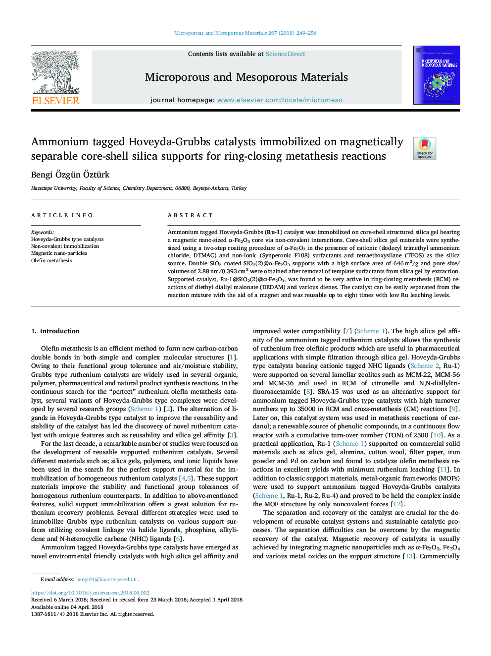 Ammonium tagged Hoveyda-Grubbs catalysts immobilized on magnetically separable core-shell silica supports for ring-closing metathesis reactions