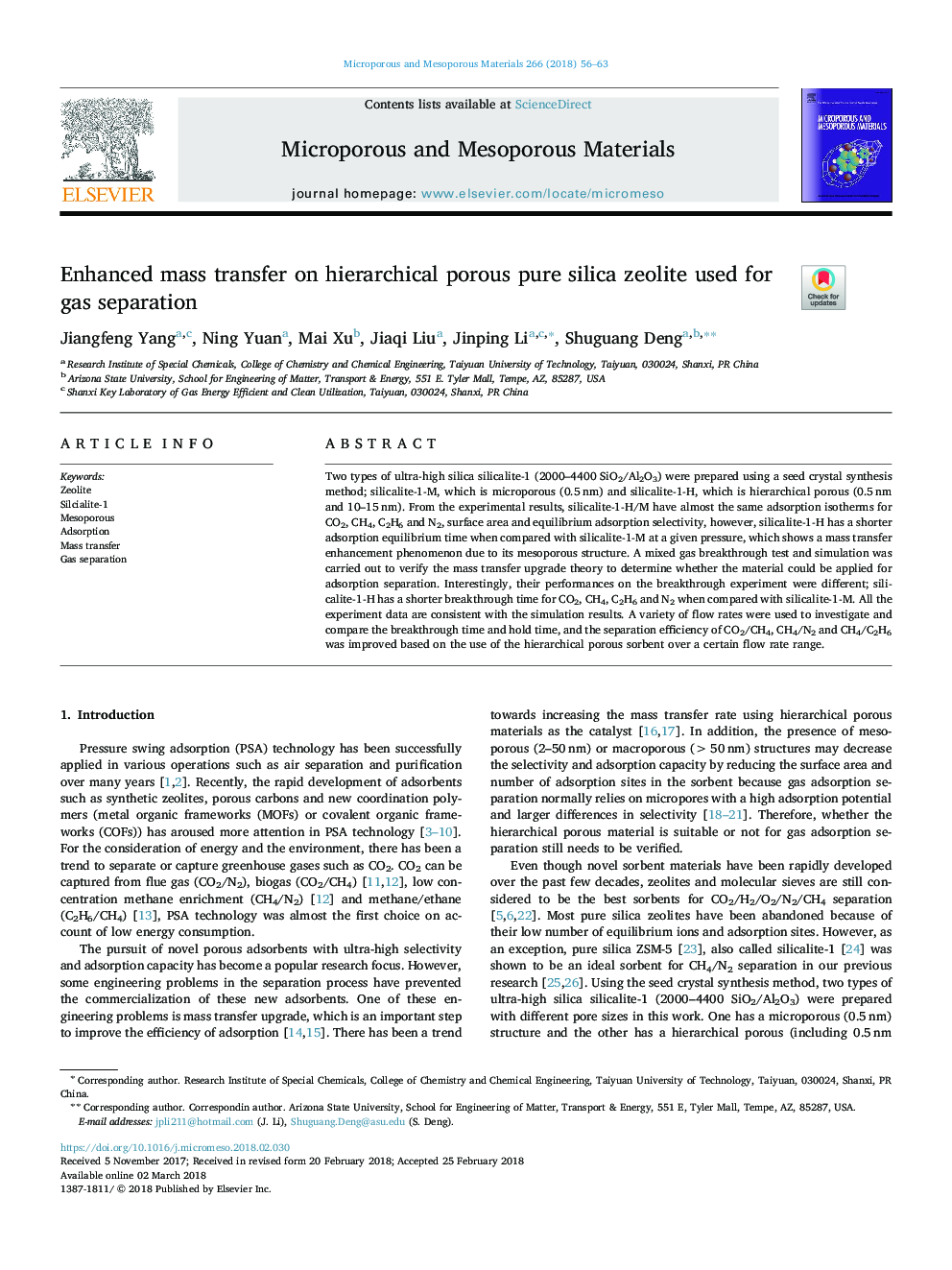 Enhanced mass transfer on hierarchical porous pure silica zeolite used for gas separation