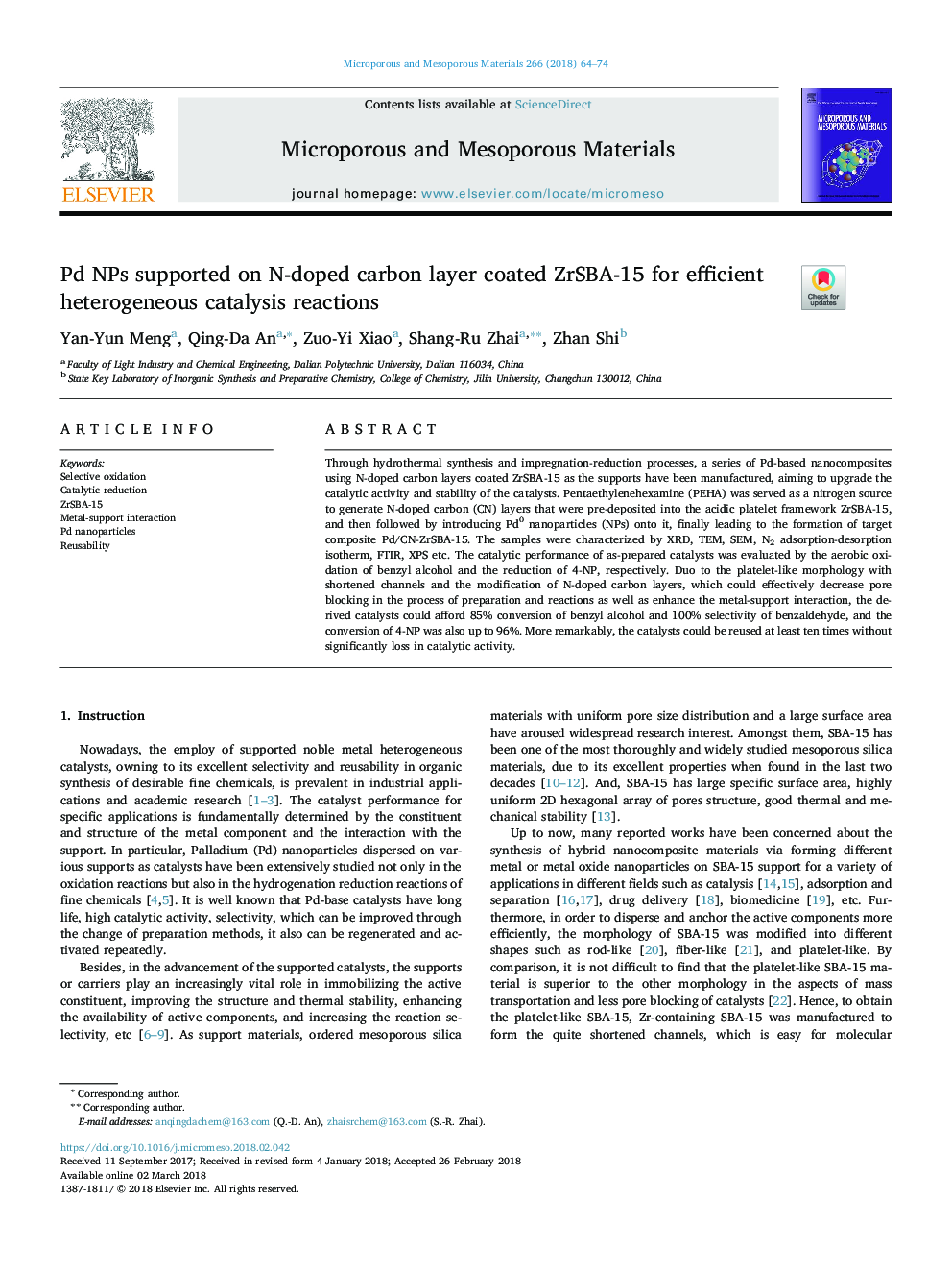 Pd NPs supported on N-doped carbon layer coated ZrSBA-15 for efficient heterogeneous catalysis reactions