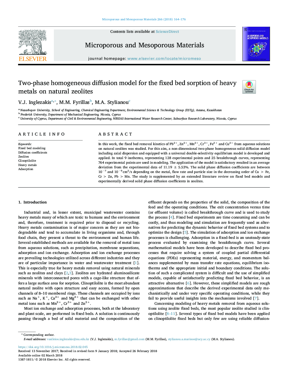 Two-phase homogeneous diffusion model for the fixed bed sorption of heavy metals on natural zeolites