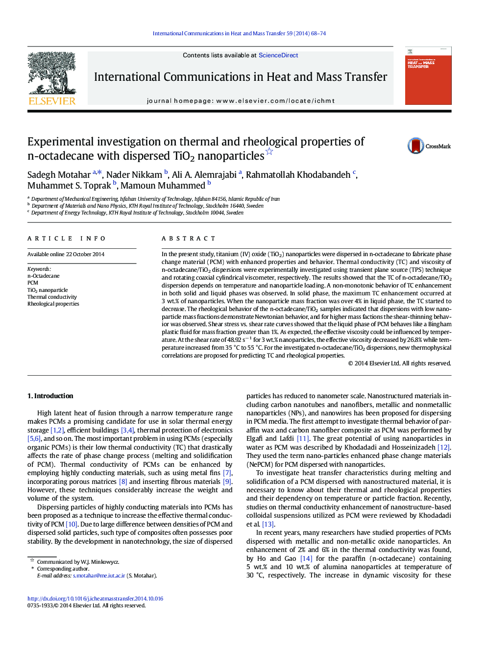 Experimental investigation on thermal and rheological properties of n-octadecane with dispersed TiO2 nanoparticles