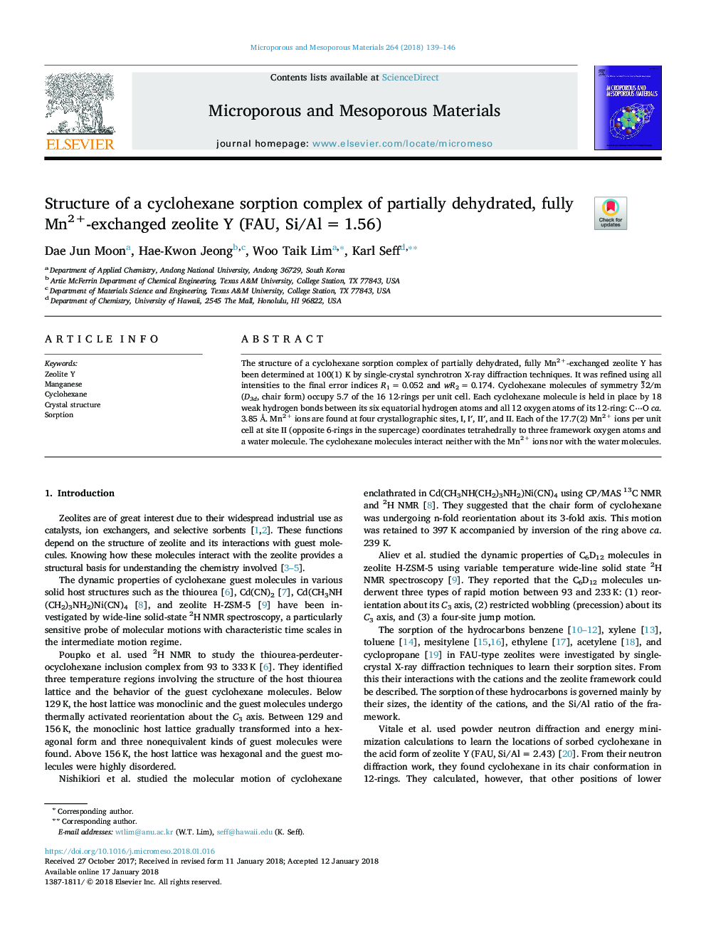 Structure of a cyclohexane sorption complex of partially dehydrated, fully Mn2+-exchanged zeolite Y (FAU, Si/Alâ¯=â¯1.56)