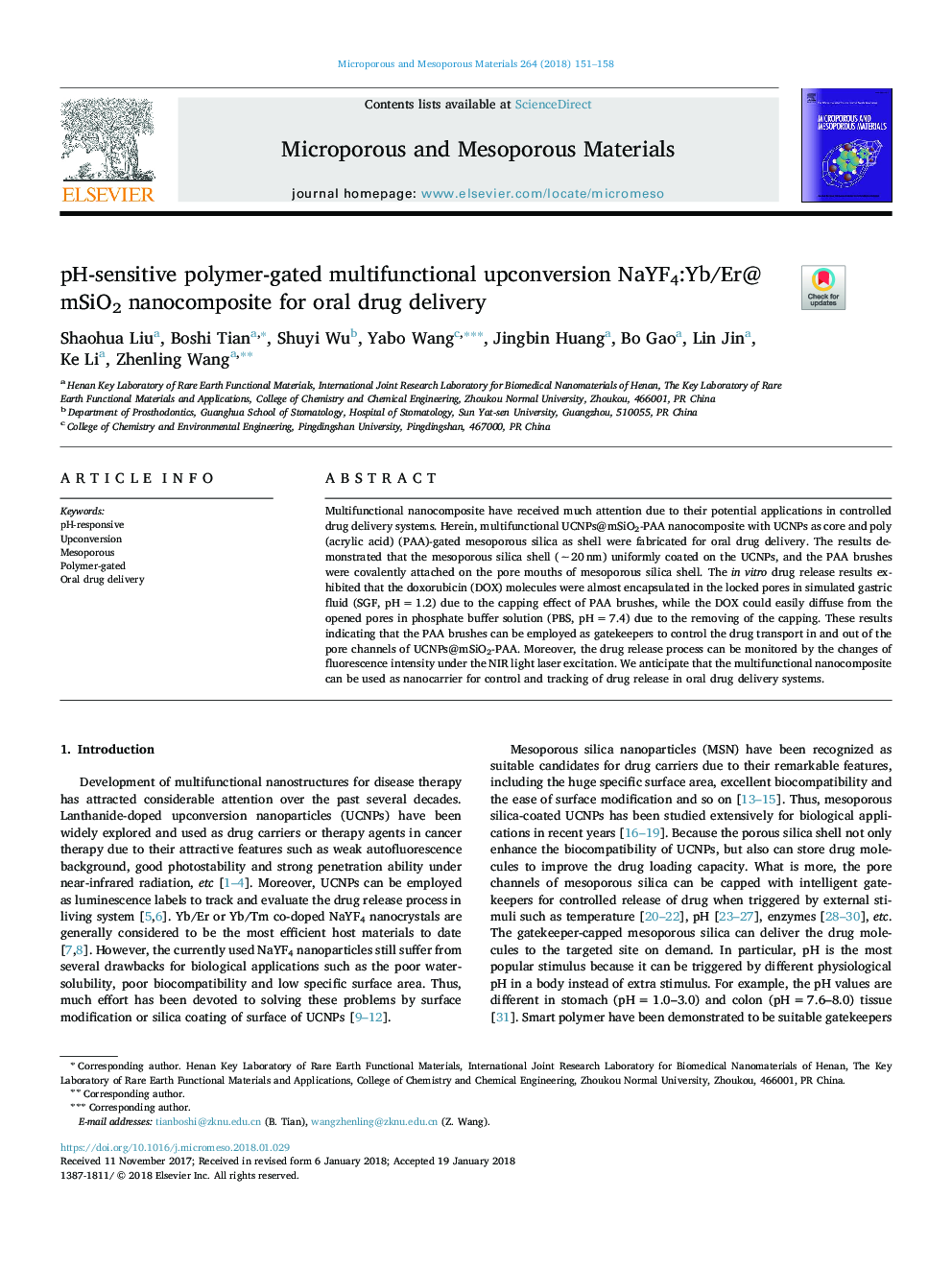 pH-sensitive polymer-gated multifunctional upconversion NaYF4:Yb/Er@mSiO2 nanocomposite for oral drug delivery