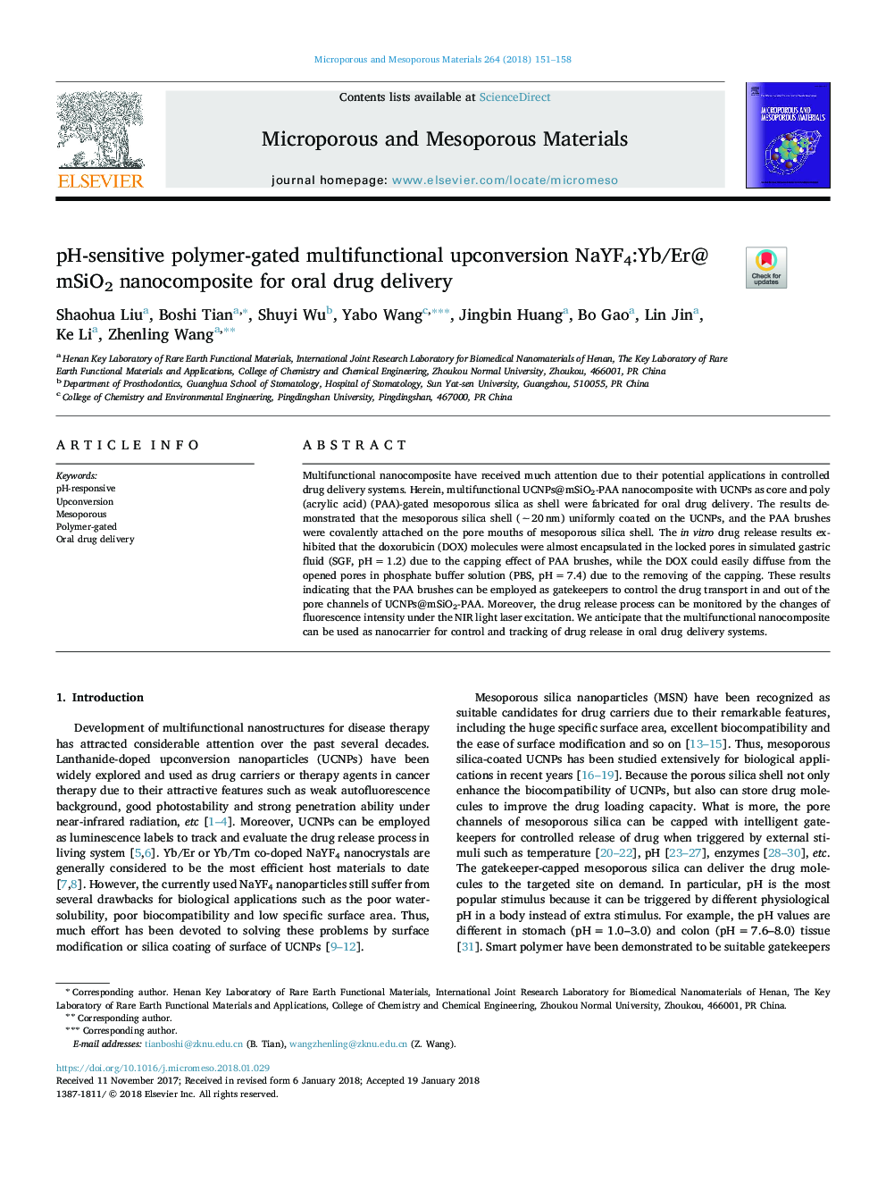 عکس صفحه اول مقاله: pH-sensitive polymer-gated multifunctional upconversion NaYF4:Yb/Er@mSiO2 nanocomposite for oral drug delivery pH-sensitive polymer-gated multifunctional upconversion NaYF4:Yb/Er@mSiO2 nanocomposite for oral drug delivery