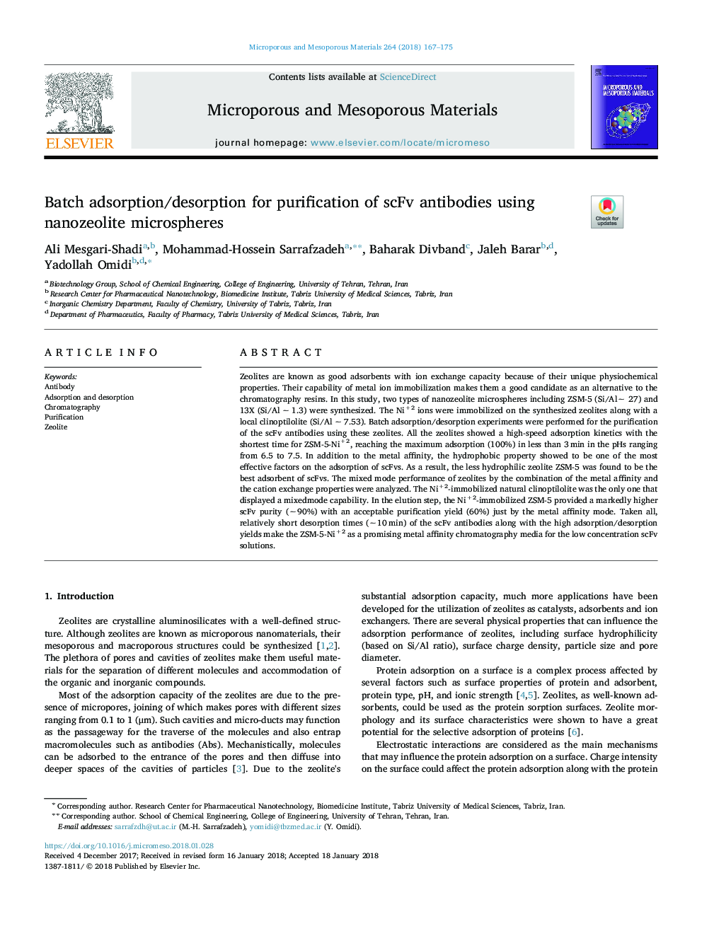 Batch adsorption/desorption for purification of scFv antibodies using nanozeolite microspheres