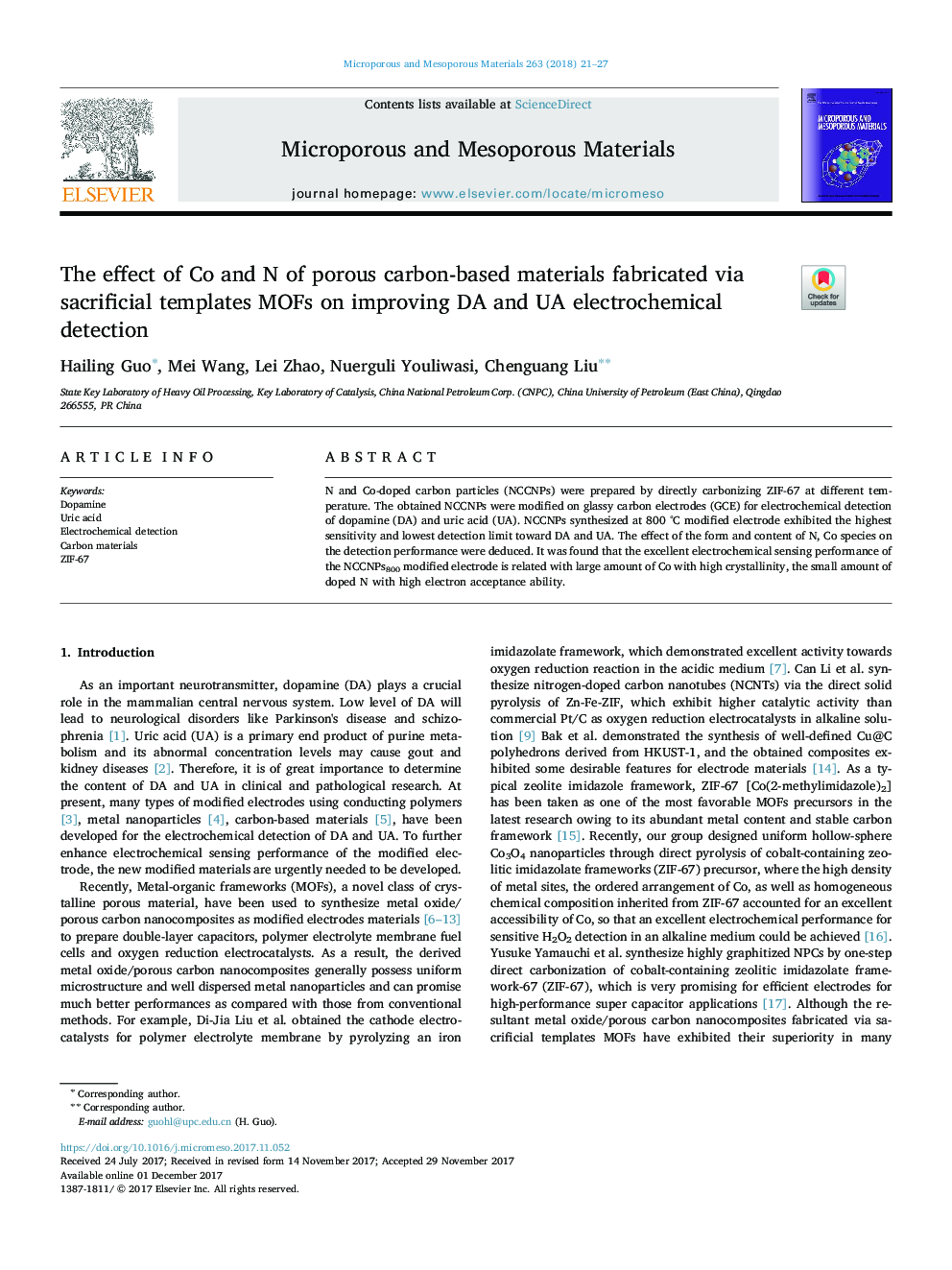 The effect of Co and N of porous carbon-based materials fabricated via sacrificial templates MOFs on improving DA and UA electrochemical detection