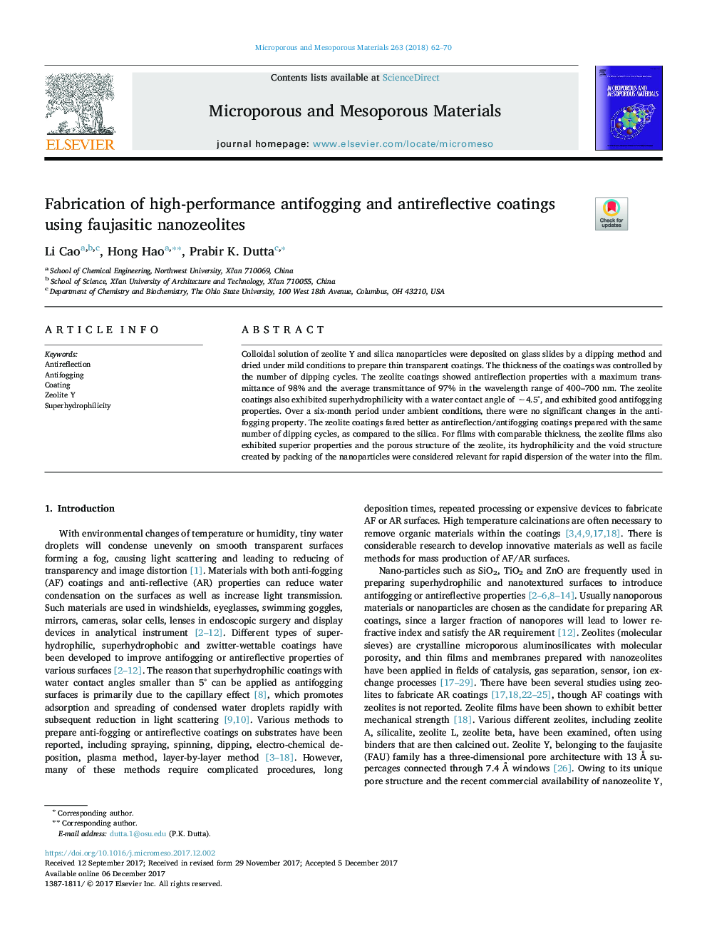 Fabrication of high-performance antifogging and antireflective coatings using faujasitic nanozeolites