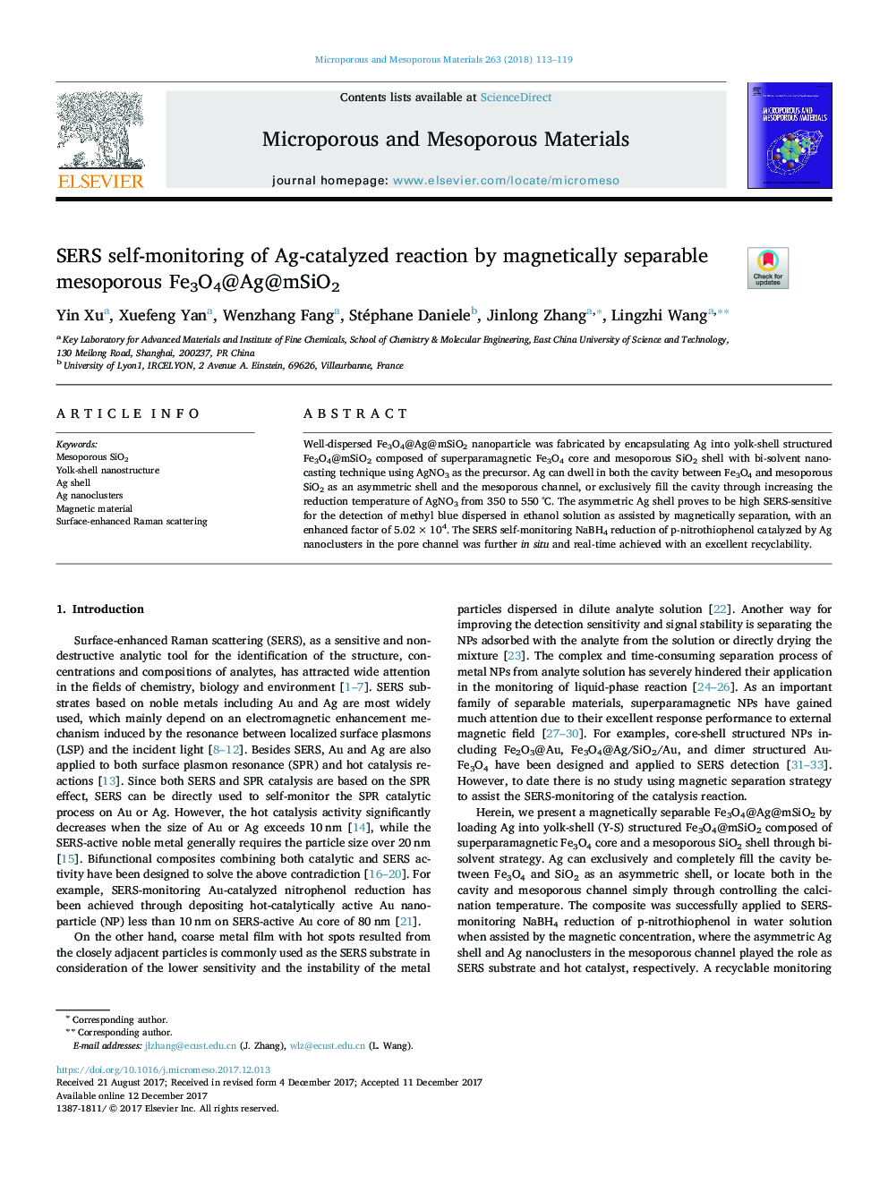 SERS self-monitoring of Ag-catalyzed reaction by magnetically separable mesoporous Fe3O4@Ag@mSiO2