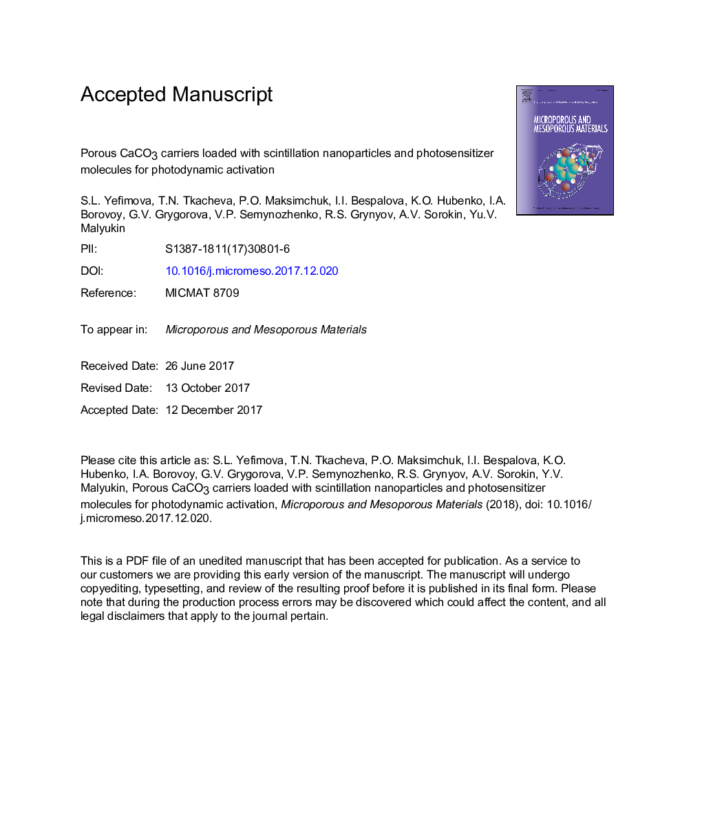 Porous CaCO3 carriers loaded with scintillation nanoparticles and photosensitizer molecules for photodynamic activation