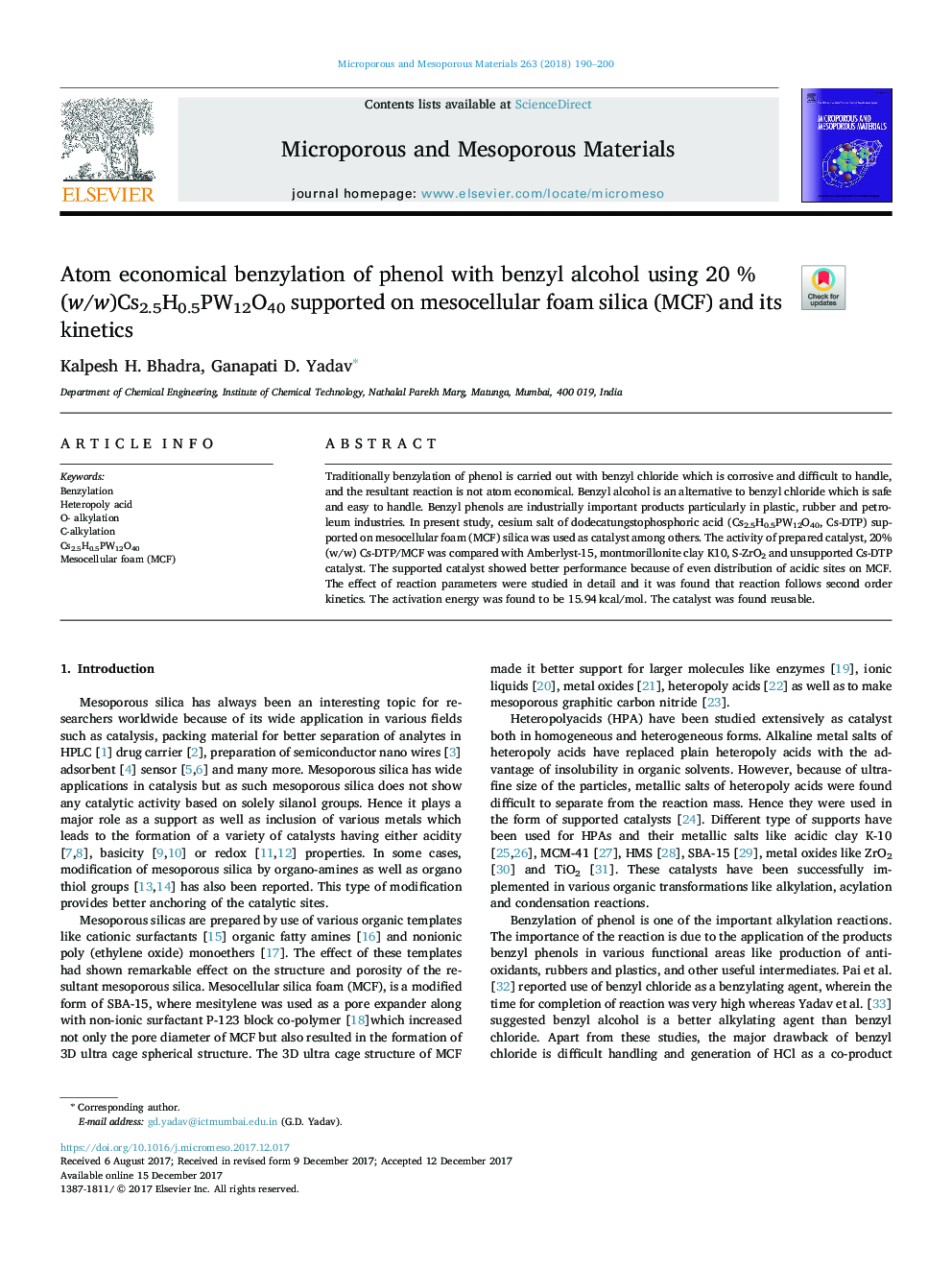 Atom economical benzylation of phenol with benzyl alcohol using 20 % (w/w)Cs2.5H0.5PW12O40 supported on mesocellular foam silica (MCF) and its kinetics