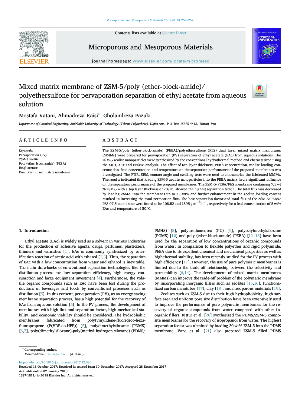 Mixed matrix membrane of ZSM-5/poly (ether-block-amide)/polyethersulfone for pervaporation separation of ethyl acetate from aqueous solution