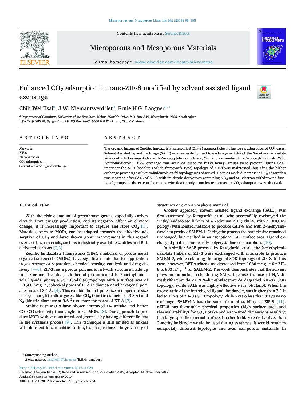 Enhanced CO2 adsorption in nano-ZIF-8 modified by solvent assisted ligand exchange