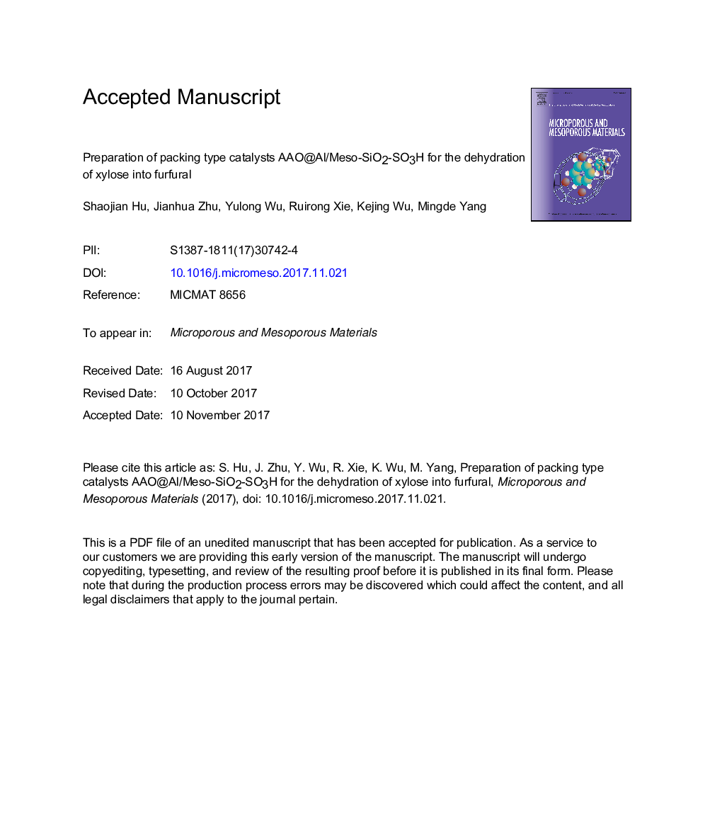 Preparation of packing type catalysts AAO@Al/Meso-SiO2-SO3H for the dehydration of xylose into furfural