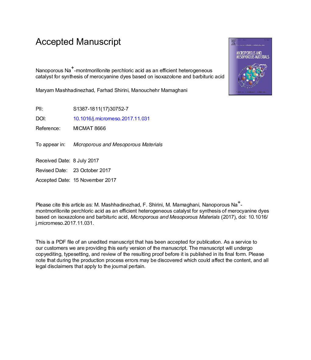 Nanoporous Na+-montmorillonite perchloric acid as an efficient heterogeneous catalyst for synthesis of merocyanine dyes based on isoxazolone and barbituric acid