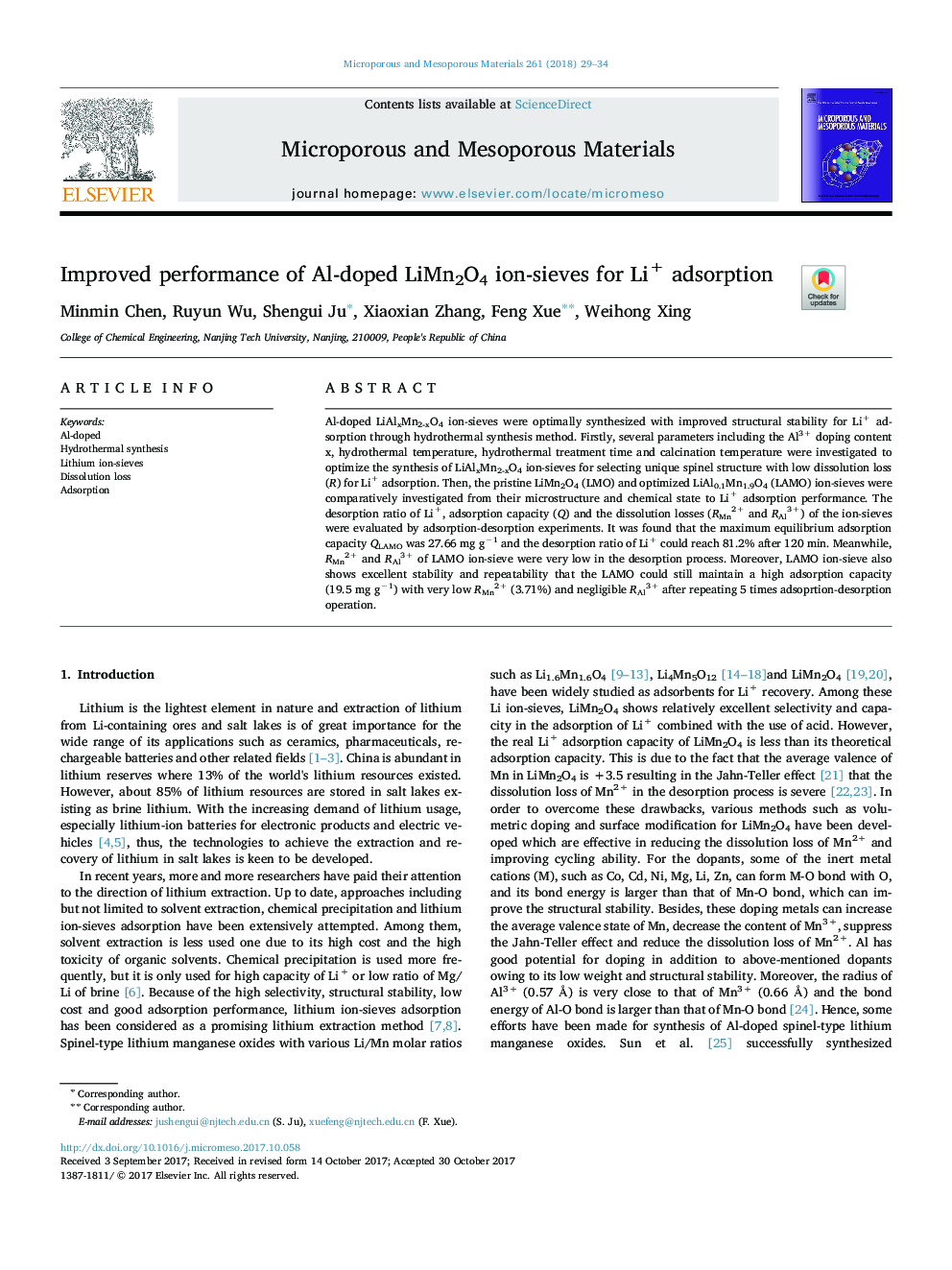 Improved performance of Al-doped LiMn2O4 ion-sieves for Li+ adsorption