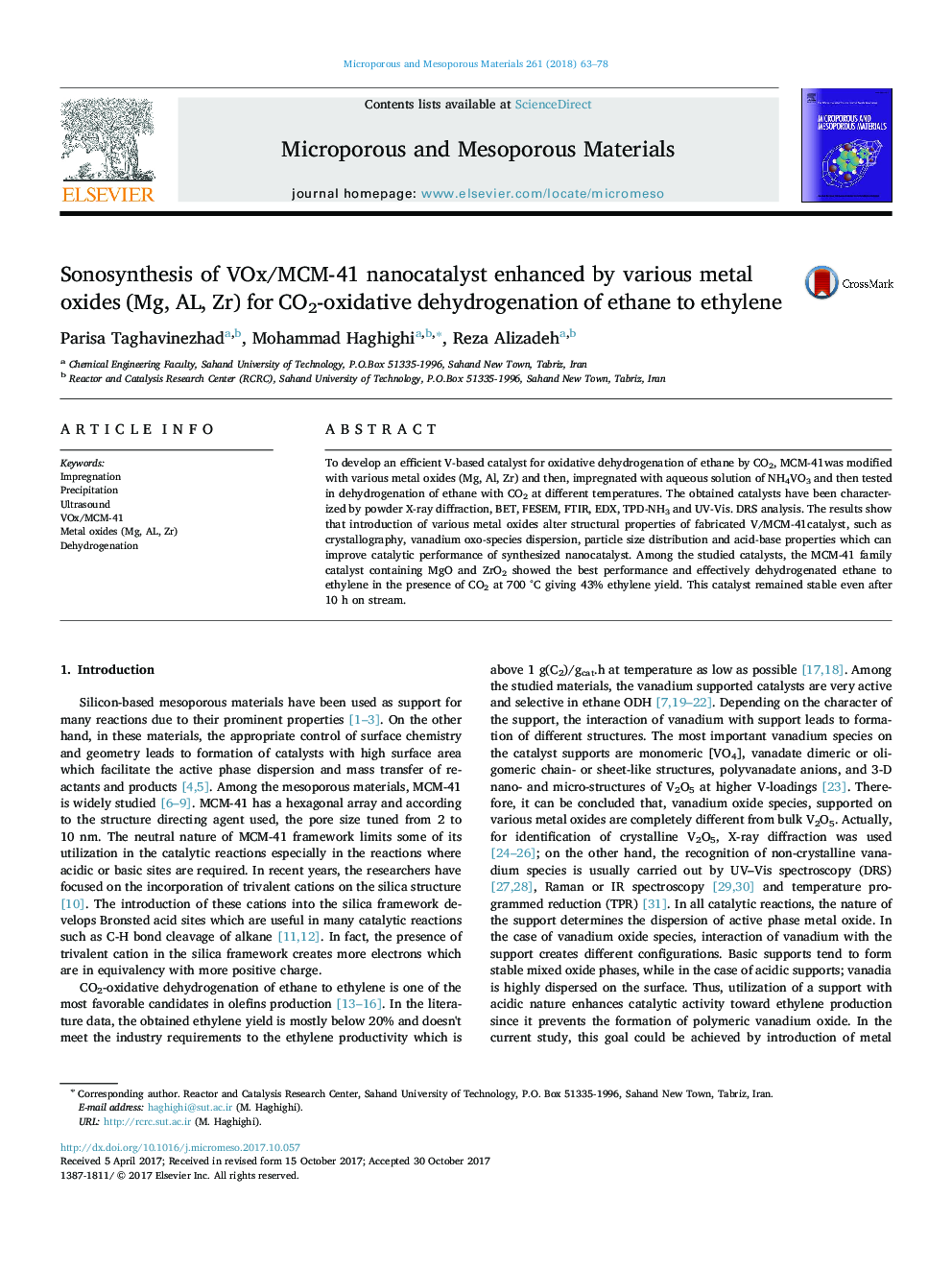 Sonosynthesis of VOx/MCM-41 nanocatalyst enhanced by various metal oxides (Mg, AL, Zr) for CO2-oxidative dehydrogenation of ethane to ethylene