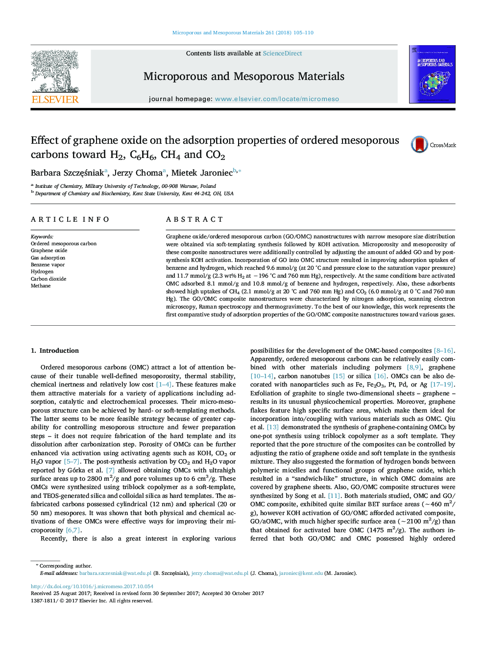 Effect of graphene oxide on the adsorption properties of ordered mesoporous carbons toward H2, C6H6, CH4 and CO2